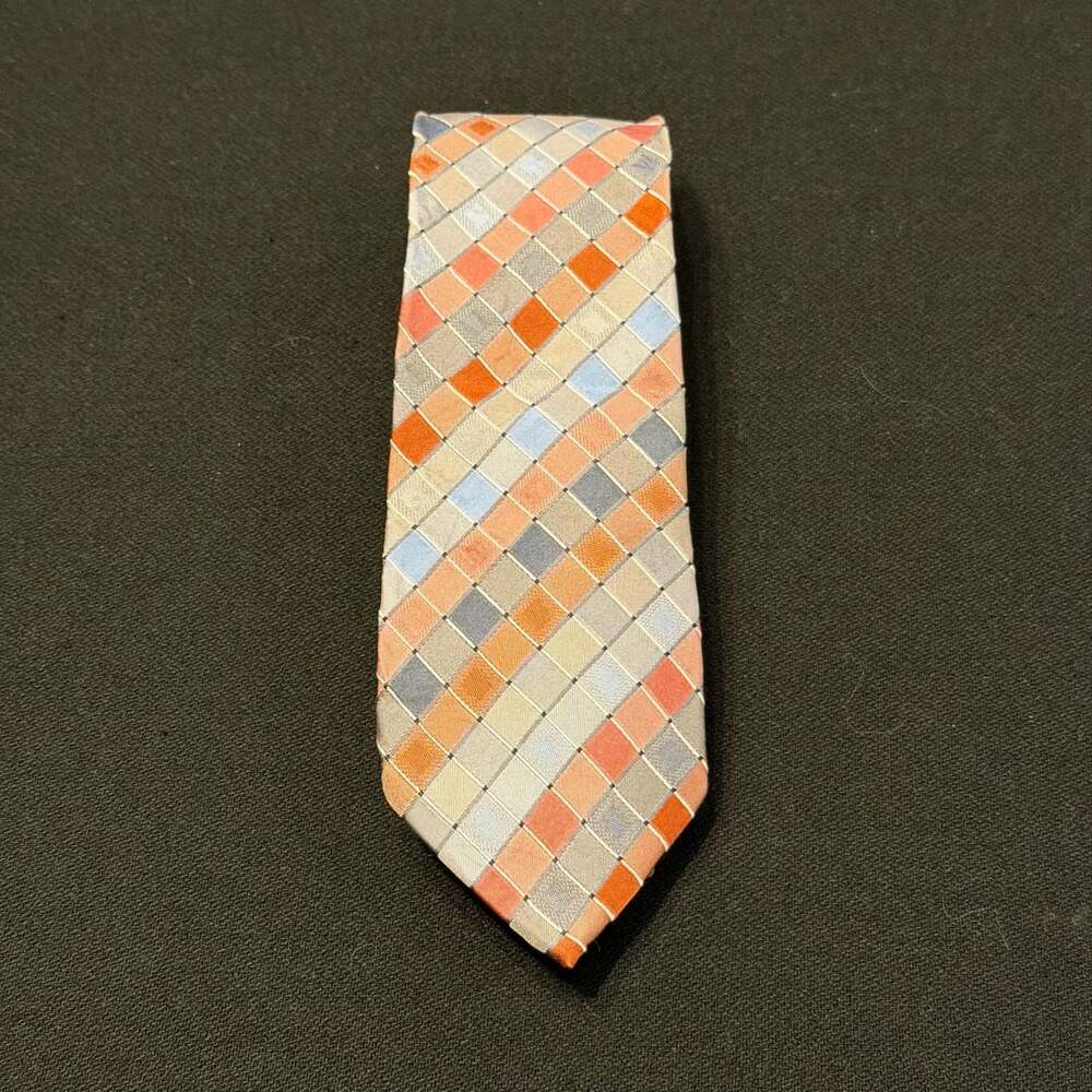 Kenneth Cole Reaction Mens Blue/Orange Check Classic Silk Formal Necktie